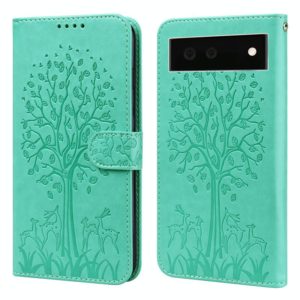 For Google Pixel 6 Tree & Deer Pattern Pressed Printing Horizontal Flip Leather Phone Case(Green) (OEM)