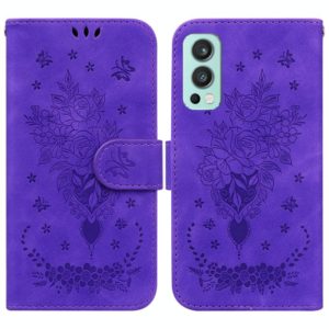 For OnePlus Nord 2 5G Butterfly Rose Embossed Leather Phone Case(Purple) (OEM)