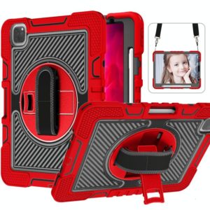 For iPad Pro 11 2022 / 2021 / 2020 / 2018 / Air 2020 10.9 360-Rotation Contrast Color Shockproof Silicone PC Tablet Case with Holder & Hand Grip Strap & Shoulder Strap (Red+Black) (OEM)