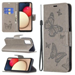 For Samsung Galaxy A03s 164mm Embossing Two Butterflies Pattern Horizontal Flip PU Leather Case with Holder & Card Slot & Wallet & Lanyard(Grey) (OEM)
