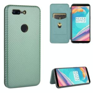 For OnePlus 5T Carbon Fiber Texture Horizontal Flip TPU + PC + PU Leather Case with Card Slot(Green) (OEM)