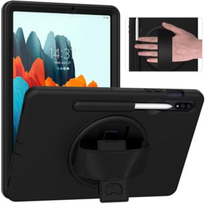 360 Degree Rotation PC + TPU Protective Case with Holder & Hand-strap & Pen Slot For Samsung Galaxy Tab S8 / Galaxy Tab S7 11 inch T870/T875(Black) (OEM)