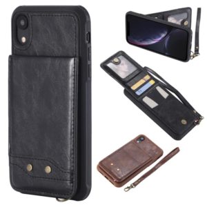For iPhone XR Vertical Flip Shockproof Leather Protective Case with Short Rope, Support Card Slots & Bracket & Photo Holder & Wallet Function(Black) (OEM)