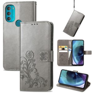 For Motorola Moto G71 5G Four-leaf Clasp Embossed Buckle Leather Phone Case(Gray) (OEM)