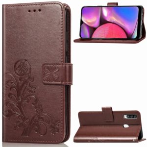 For Galaxy A20S Four-leaf Clasp Embossed Buckle Mobile Phone Protection Leather Case with Lanyard & Card Slot & Wallet & Bracket Function(Brown) (OEM)