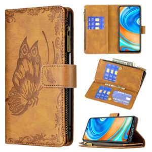 For Xiaomi Redmi Note 9 Pro Max Flying Butterfly Embossing Pattern Zipper Horizontal Flip Leather Case with Holder & Card Slots & Wallet(Brown) (OEM)