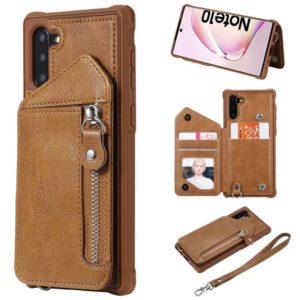 For Galaxy Note 10 Dual Buckles Zipper Shockproof Back Cover Protective Case with Holder & Card Slots & Wallet & Lanyard & Photos Frames(Coffee) (OEM)