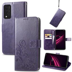 For T-Mobile REVVL V+ 5G Four-leaf Clasp Embossed Buckle Mobile Phone Protection Leather Case with Lanyard & Card Slot & Wallet & Bracket Function(Purple) (OEM)