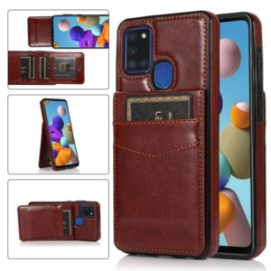 For Samsung Galaxy A21s Solid Color PC + TPU Protective Case with Holder & Card Slots(Brown) (OEM)
