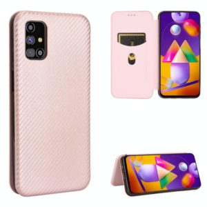 For Samsung Galaxy M31s Carbon Fiber Texture Horizontal Flip TPU + PC + PU Leather Case with Rope & Card Slot(Pink) (OEM)