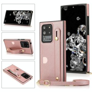 For Samsung Galaxy S20 Ultra Wrist Strap PU+TPU Shockproof Protective Case with Crossbody Lanyard & Holder & Card Slot(Rose Gold) (OEM)
