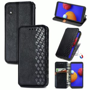 For Samsung Galaxy A01 Core Cubic Grid Pressed Horizontal Flip Magnetic PU Leather Case with Holder & Card Slots & Wallet(Black) (OEM)
