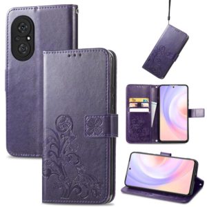For Honor 50 SE Four-leaf Clasp Embossed Buckle Mobile Phone Protection Leather Case with Lanyard & Card Slot & Wallet & Bracket Function(Purple) (OEM)