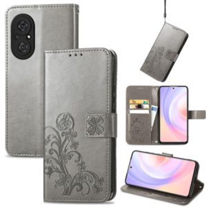 For Honor 50 SE Four-leaf Clasp Embossed Buckle Mobile Phone Protection Leather Case with Lanyard & Card Slot & Wallet & Bracket Function(Gray) (OEM)