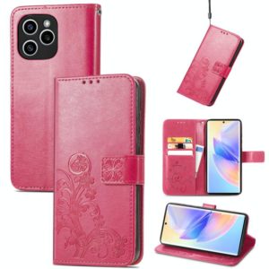 For Honor 60 SE Four-leaf Clasp Embossed Buckle Leather Phone Case(Magenta) (OEM)