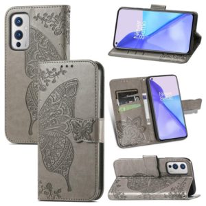 For OnePlus 9 Butterfly Love Flowers Embossed Horizontal Flip Leather Case with Holder & Card Slots & Wallet & Lanyard(Gray) (OEM)