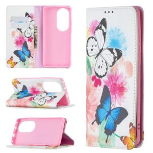 For Huawei P50 Pro Colored Drawing Pattern Invisible Magnetic Horizontal Flip PU Leather Case with Holder & Card Slots & Wallet(Two Butterflies) (OEM)