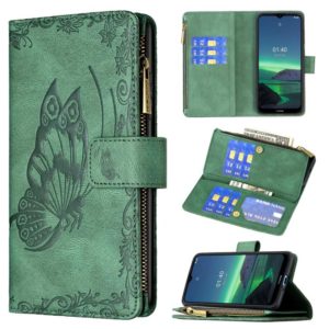For Nokia 1.4 Flying Butterfly Embossing Pattern Zipper Horizontal Flip Leather Case with Holder & Card Slots & Wallet(Green) (OEM)