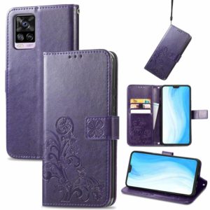 For vivo S7 Four-leaf Clasp Embossed Buckle Mobile Phone Protection Leather Case with Lanyard & Card Slot & Wallet & Bracket Function(Purple) (OEM)