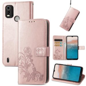 For Nokia C21 Plus Four-leaf Clasp Embossed Buckle Leather Phone Case(Rose Gold) (OEM)