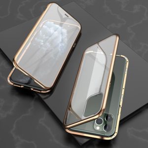 For iPhone 11 Pro Ultra Slim Double Sides Magnetic Adsorption Angular Frame Tempered Glass Magnet Flip Case(Gold) (OEM)