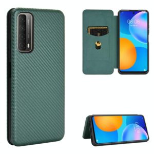 For Huawei P Smart 2021 / Y7A Carbon Fiber Texture Horizontal Flip TPU + PC + PU Leather Case with Card Slot(Green) (OEM)
