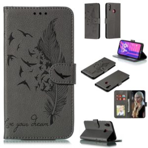 Feather Pattern Litchi Texture Horizontal Flip Leather Case with Wallet & Holder & Card Slots For Huawei Y9 (2019)(Gray) (OEM)