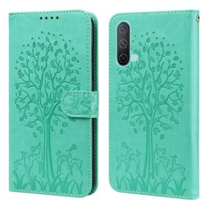 For OnePlus Nord CE 5G Tree & Deer Pattern Pressed Printing Horizontal Flip Leather Phone Case(Green) (OEM)
