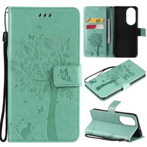 For Huawei P50 Tree & Cat Pattern Pressed Printing Horizontal Flip PU Leather Case with Holder & Card Slots & Wallet & Lanyard(Green) (OEM)