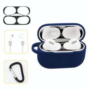 For AirPods Pro Silicone Wireless Earphone Protective Case Storage Box with Hook & Anti-drop Rope(Blue+Black Inner Sticker) (OEM)