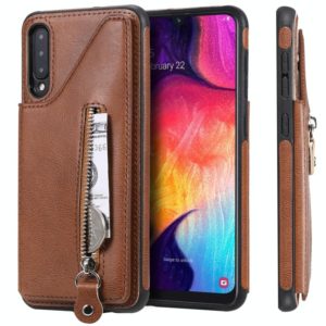For Galaxy A50 Solid Color Double Buckle Zipper Shockproof Protective Case(Brown) (OEM)