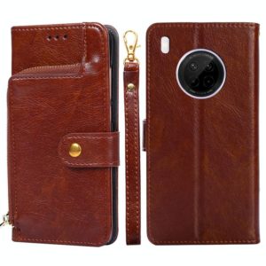 For Huawei Y9a Zipper Bag PU + TPU Horizontal Flip Leather Case with Holder & Card Slot & Wallet & Lanyard(Brown) (OEM)