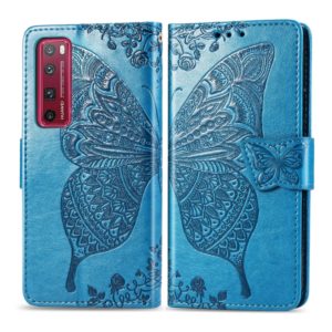 For Huawei Nova 7 Pro Butterfly Love Flower Embossed Horizontal Flip Leather Case with Bracket / Card Slot / Wallet / Lanyard(Blue) (OEM)