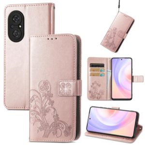 For Honor 50 SE Four-leaf Clasp Embossed Buckle Mobile Phone Protection Leather Case with Lanyard & Card Slot & Wallet & Bracket Function(Rose Gold) (OEM)