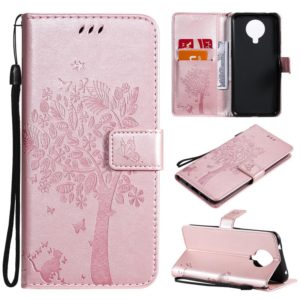 For Nokia 6.3 Tree & Cat Pattern Pressed Printing Horizontal Flip PU Leather Case with Holder & Card Slots & Wallet & Lanyard(Rose gold) (OEM)