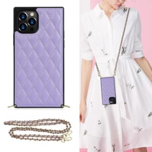 For iPhone 12 Pro Max Elegant Rhombic Pattern Microfiber Leather +TPU Shockproof Case with Crossbody Strap Chain(Purple) (OEM)
