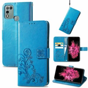 For INFINIX Hot 10 Play Four-leaf Clasp Embossed Buckle Mobile Phone Protection Leather Case with Lanyard & Card Slot & Wallet & Bracket Function(Blue) (OEM)