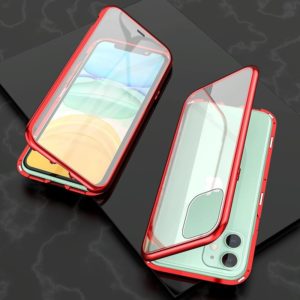 For iPhone 11 Ultra Slim Double Sides Magnetic Adsorption Angular Frame Tempered Glass Magnet Flip Case(Red) (OEM)