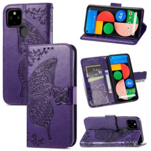 For Google Pixel 5A Butterfly Love Flower Embossed Horizontal Flip Leather Case with Bracket & Card Slot & Wallet & Lanyard(Dark Purple) (OEM)