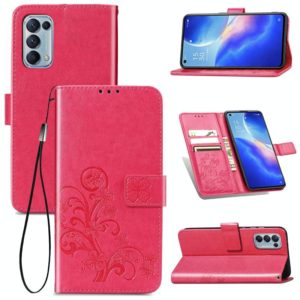 For OPPO Reno5 5G Four-leaf Clasp Embossed Buckle Leather Phone Case with Lanyard & Card Slot & Wallet & Holder(Magenta) (OEM)