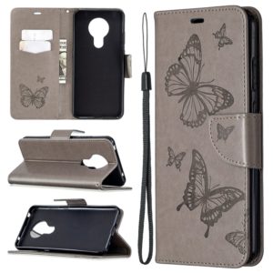 For Nokia 5.3 Two Butterflies Embossing Pattern Horizontal Flip Leather Case with Holder & Card Slot & Wallet & Lanyard(Grey) (OEM)