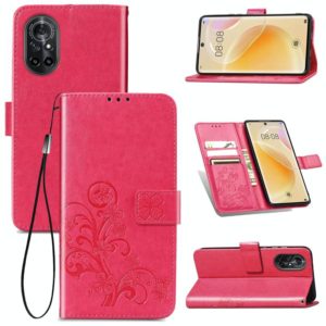 For Huawei Nova 8 Four-leaf Clasp Embossed Buckle Mobile Phone Protection Leather Case with Lanyard & Card Slot & Wallet & Bracket Function(Magenta) (OEM)
