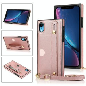 For iPhone XR Wrist Strap PU+TPU Shockproof Protective Case with Crossbody Lanyard & Holder & Card Slot(Rose Gold) (OEM)