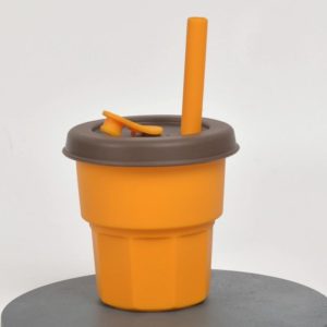 Children Silicone Straw Cups Drop And High Temperature Resistant Water Cups Turmeric Cup+Brown Cover(400ml) (OEM)