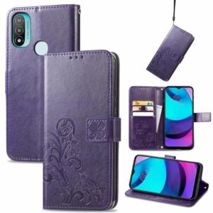For Motorola Moto E20 Four-leaf Clasp Embossed Leather Case with Lanyard & Card Slot & Wallet & Holder(Purple) (OEM)