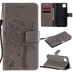 For Huawei Y5p Tree & Cat Embossed Pattern Horizontal Flip Leather Case with Holder & Card Slots & Wallet & Lanyard(Grey) (OEM)