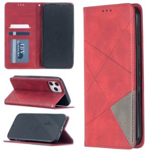 For iPhone 12 Pro Max Rhombus Texture Horizontal Flip Magnetic Leather Case with Holder & Card Slots(Red) (OEM)