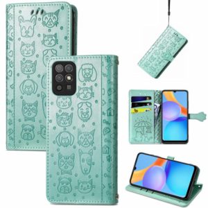 For Honor Play 5T Youth Cat and Dog Embossed Horizontal Flip Phone Leather Case with Holder & Card Slot & Wallet & Lanyard(Green) (OEM)