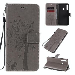 For Huawei P40 Lite E Tree & Cat Embossed Pattern Horizontal Flip Leather Case with Holder & Card Slots & Wallet & Lanyard(Grey) (OEM)