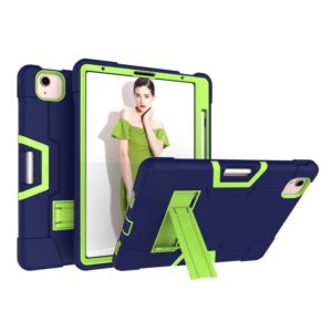 For iPad Air 2022 / 2020 10.9 Contrast Color Robot Shockproof Silicon + PC Protective Case with Holder & Pen Slot(Navy Blue + Yellow-green) (OEM)
